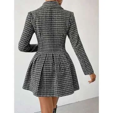 utcoco Women's 2024 Fall Plaid Tweed Dress Notched Lapel Double Breasted Elegant A Line Mini Jackie Dress (Medium, Black)