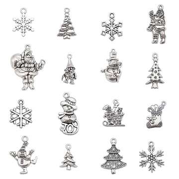 Julie Wang 100 Grams Alloy Silver Christmas Collection Charms Snowflakes Snowman Pendants for Home Decoration Bulk Jewelry Necklace Earrings Bracelet Making DIY Craft about 70pcs