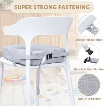 E1F1NN DOT Toddler Booster Seat for Dining Table, Portable Kids Booster Seat with Safety Buckles, High Cushion for Travel with Non-Slip Bottom (Gray)