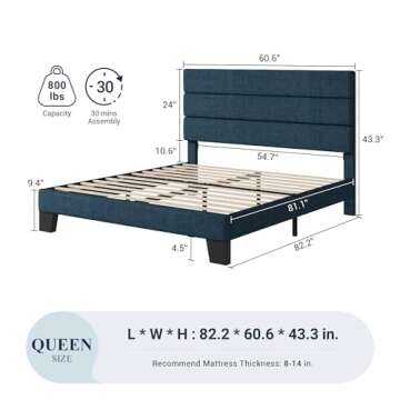 Allewie Queen Size Platform Bed Frame with Fabric Upholstered Headboard and Wooden Slats Support, Fu...