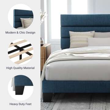 Allewie Queen Size Platform Bed Frame with Fabric Upholstered Headboard and Wooden Slats Support, Fully Upholstered Mattress Foundation/No Box Spring Needed/Easy Assembly, Navy Blue