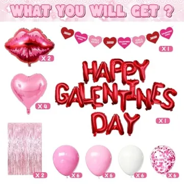 DMIGHT 51 Pcs Happy Galentines Day Decorations Set, 18pcs Red Letter Balloons, Pink Heart and Lips F...