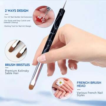 French Nail Brush, 2 Way French Gel Acrylic Nail Art Kolinsky Brush With Dotting Tool for Professional Manicure Cuticle Clean Up Nail Art Design, Wave Pattern Handle (NB125-#16, Black)