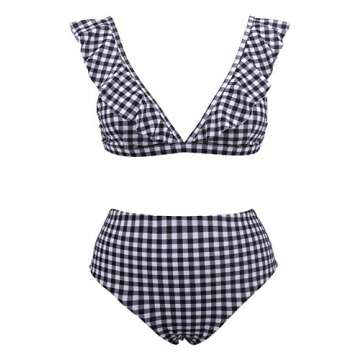 Blooming Jelly Womens High Waisted Bikini Set Two Piece Swimsuit Gingham Ruffle Flounce Triangle Bathing Suit(L,Black Gingham)