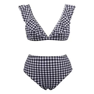 Blooming Jelly Womens High Waisted Bikini Set Two Piece Swimsuit Gingham Ruffle Flounce Triangle Bathing Suit(L,Black Gingham)