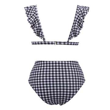 Blooming Jelly Womens High Waisted Bikini Set Two Piece Swimsuit Gingham Ruffle Flounce Triangle Bathing Suit(L,Black Gingham)