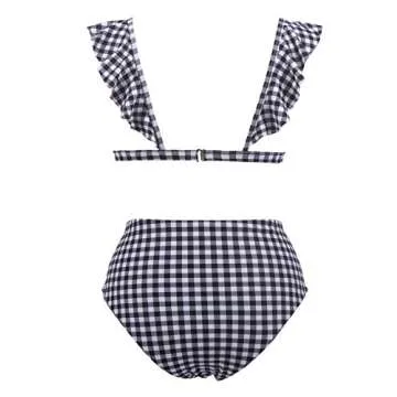 Blooming Jelly Womens High Waisted Bikini Set Two Piece Swimsuit Gingham Ruffle Flounce Triangle Bathing Suit(L,Black Gingham)