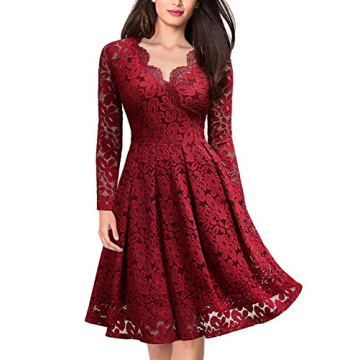 MISSMAY Women's Vintage Floral Lace Long Sleeve V Neck Cocktail Formal Swing Dress