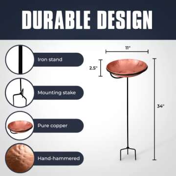Copper Standing Bird Feeder and Bath Bowl for Outdoors