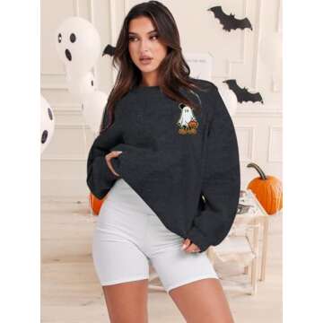 BANGELY Halloween Sweatshirt Women Oversized Cute Spooky Ghost Graphic Shirt Halloween Sweater Fall Long Sleeve Pullover Top Dark Grey
