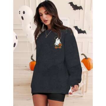 BANGELY Halloween Sweatshirt Women Oversized Cute Spooky Ghost Graphic Shirt Halloween Sweater Fall Long Sleeve Pullover Top Dark Grey