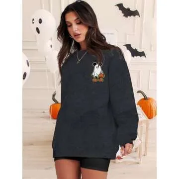 BANGELY Halloween Sweatshirt Women Oversized Cute Spooky Ghost Graphic Shirt Halloween Sweater Fall Long Sleeve Pullover Top Dark Grey