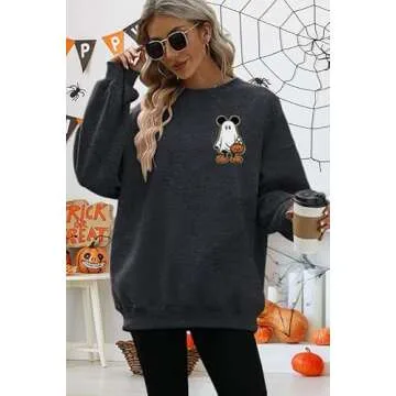 BANGELY Halloween Sweatshirt Women Oversized Cute Spooky Ghost Graphic Shirt Halloween Sweater Fall Long Sleeve Pullover Top Dark Grey