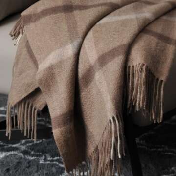 EP Mode 100% Pure Cashmere Throw Blanket for Sofa, Classic Design with Gift Box (Neutral Windowpane)