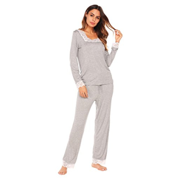 Ekouaer Women's Lace-Trimmed Pajama Set Grey XS-XL