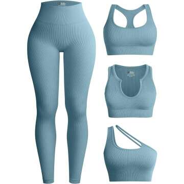 OQQ Women's 4-Piece Workout Set: Ribbed High Waist Leggings & Cropped Tops