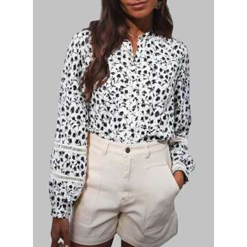 Astylish Womens Floral Printed Mock Neck Shirt Button Down Eyelet Blouse Tops