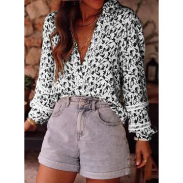 Astylish Womens Floral Printed Mock Neck Shirt Button Down Eyelet Blouse Tops