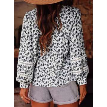 Astylish Womens Floral Printed Mock Neck Shirt Button Down Eyelet Blouse Tops