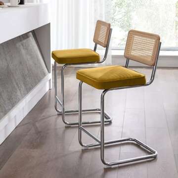 Zesthouse Natural Rattan Bar Stools Set of 2, 26'' Modern Counter Height Stools, Yellow Velvet Count...