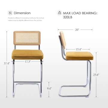 Zesthouse Natural Rattan Bar Stools Set of 2, 26'' Modern Counter Height Stools, Yellow Velvet Counter Height Chairs with Solid Wood Back, Mid Century Cantilevered Design Bar Chairs for Kitchen Island