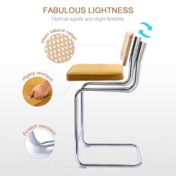 Zesthouse Natural Rattan Bar Stools Set of 2, 26'' Modern Counter Height Stools, Yellow Velvet Counter Height Chairs with Solid Wood Back, Mid Century Cantilevered Design Bar Chairs for Kitchen Island