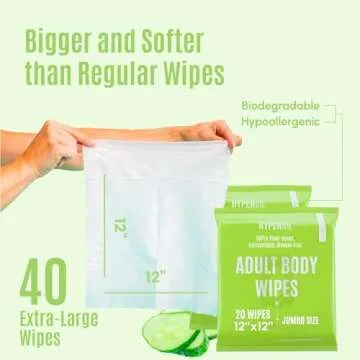 HyperGo Adult Wipes For Elderly - 12"x12" 40ct Adult Wipes Extra Large - Refreshing Body Wipes for Adults Bathing No Rinse - Thick Incontinence Disposable Washcloths, All Natural Cucumber Shower Wipes