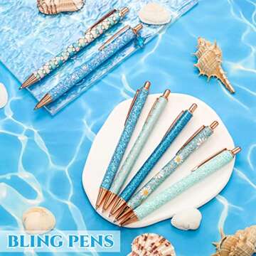 Sherr 7 Pcs Fancy Pens for Women Cute Sparkly Glitter Pens with 10 Pcs Black Ink Refills Pretty Gifts for Girls Office School Christmas Graduation(Blue,Plain)