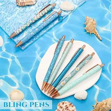 Sherr 7 Pcs Fancy Pens for Women Cute Sparkly Glitter Pens with 10 Pcs Black Ink Refills Pretty Gifts for Girls Office School Christmas Graduation(Blue,Plain)