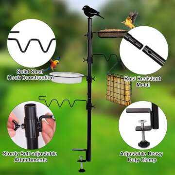 HRAYLTOP Deck Bird Feeder Station Kit Deck Bird Bath Hook Bird Feeding Pole, Steel Multi Bird Feeder Railing Hanging Kit, Bird Feeder Stand Porch Planter Hanger for Attracting Wild Birds(Black)