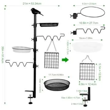 HRAYLTOP Deck Bird Feeder Station Kit Deck Bird Bath Hook Bird Feeding Pole, Steel Multi Bird Feeder Railing Hanging Kit, Bird Feeder Stand Porch Planter Hanger for Attracting Wild Birds(Black)
