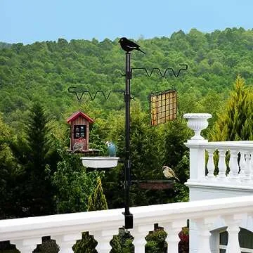 HRAYLTOP Deck Bird Feeder Station Kit Deck Bird Bath Hook Bird Feeding Pole, Steel Multi Bird Feeder Railing Hanging Kit, Bird Feeder Stand Porch Planter Hanger for Attracting Wild Birds(Black)