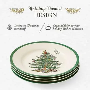 Spode Christmas Tree 7.25" Salad Plates Set of 4 | Stoneware - Dishwasher, Microwave, Freezer Safe | Holiday Dinnerware Décor - Gifting Ideas, Gathering Serveware - Appetizer Dessert Dishes