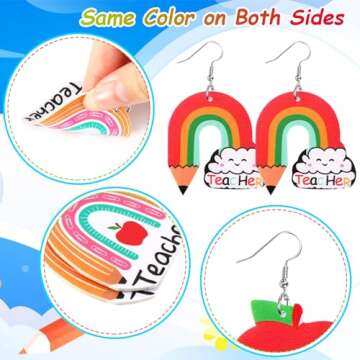 AUGSUN 9 Pairs Teacher Earrings for Women, Faux Leather Teardrop Earrings, Double-Sided Design Earrings, Rainbow Pencil Book Earrings for Graduation Teacher Appreciation Gift, Back to School Jewelry