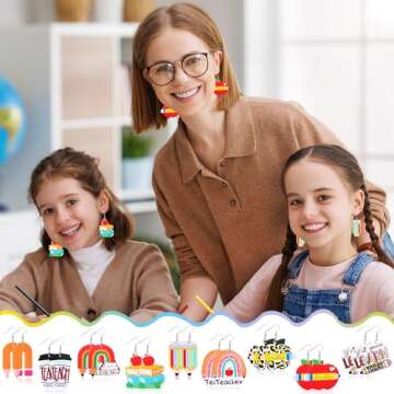 AUGSUN 9 Pairs Teacher Earrings for Women, Faux Leather Teardrop Earrings, Double-Sided Design Earrings, Rainbow Pencil Book Earrings for Graduation Teacher Appreciation Gift, Back to School Jewelry