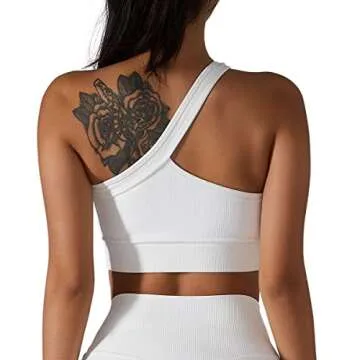 H-Quenby One Shoulder Sports Bras for Women Workout Yoga Crop Top Padded Sexy Cute Post-Surgery Medium Support White