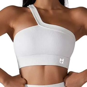 H-Quenby One Shoulder Sports Bras for Women Workout Yoga Crop Top Padded Sexy Cute Post-Surgery Medium Support White