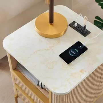OKD Modern Chic Fluted Nightstand Luxury with Charging Station, End Table/Bed Side Table w/2 Drawers, Faux Marble Tabletop, Gold Metal Decor, Curved Edge Design, Natural Oak