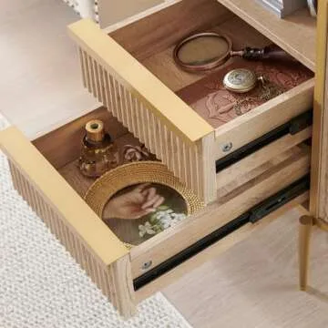 OKD Modern Chic Fluted Nightstand Luxury with Charging Station, End Table/Bed Side Table w/2 Drawers, Faux Marble Tabletop, Gold Metal Decor, Curved Edge Design, Natural Oak