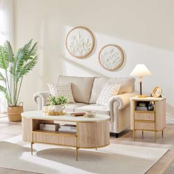 OKD Modern Chic Fluted Nightstand Luxury with Charging Station, End Table/Bed Side Table w/2 Drawers, Faux Marble Tabletop, Gold Metal Decor, Curved Edge Design, Natural Oak