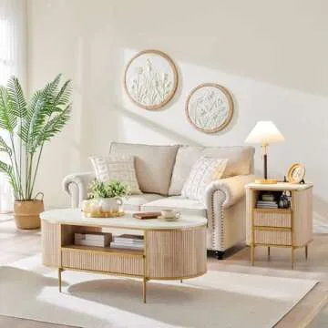 OKD Modern Chic Fluted Nightstand Luxury with Charging Station, End Table/Bed Side Table w/2 Drawers, Faux Marble Tabletop, Gold Metal Decor, Curved Edge Design, Natural Oak