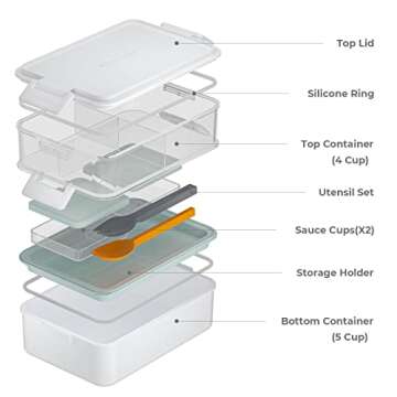 linoroso Stackable Bento Box Adult Lunch Box | Meet All You On-the-Go Needs for Food, Salad and Snack Box, Premium Bento Lunch Box for Adults Include Utensil Set, Dressing Containers - Chalk White