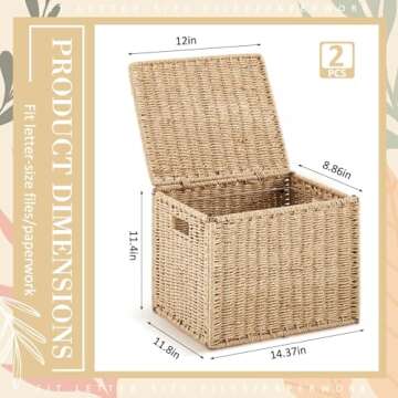 Jingmore 2 Pcs Seagrass File Box Organizers, Collapsible Letter Size Hanging Filing Cabinet with Lid...
