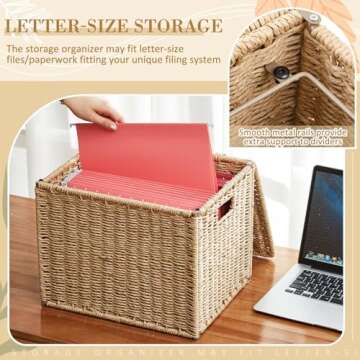 Jingmore 2 Pcs Seagrass File Box Organizers, Collapsible Letter Size Hanging Filing Cabinet with Lid, Portable Decorative Document File Storage Box for Office/home, Letter Size, Natural