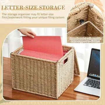 Jingmore 2 Pcs Seagrass File Box Organizers, Collapsible Letter Size Hanging Filing Cabinet with Lid, Portable Decorative Document File Storage Box for Office/home, Letter Size, Natural