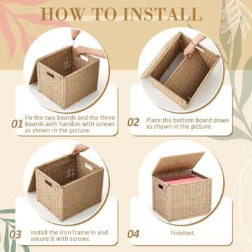 Jingmore 2 Pcs Seagrass File Box Organizers, Collapsible Letter Size Hanging Filing Cabinet with Lid, Portable Decorative Document File Storage Box for Office/home, Letter Size, Natural