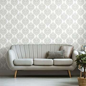 RoomMates RMK11511WP Hygge Fern Damask Gray Peel and Stick Wallpaper