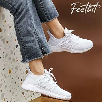 Feethit Womens Slip On Running Shoes Non Slip Walking Shoes Lightweight Gym Workout Shoes Breathable Fashion Sneakers All White Size 6
