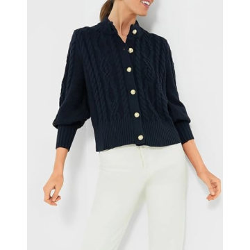 YEXPINE Women's Cardigan Sweater Button Down Long Sleeve Fall Jacket Short Chunky Knit Outerwear Coats Trendy Casual Outfits Navy