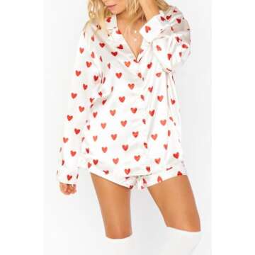 Yiulangde Galentines Day Pajamas Women 2 Piece Shorts Set Cute Heart Print Button Long Sleeve Pjs Shirt Satin Pajama Pants Lounge Sets